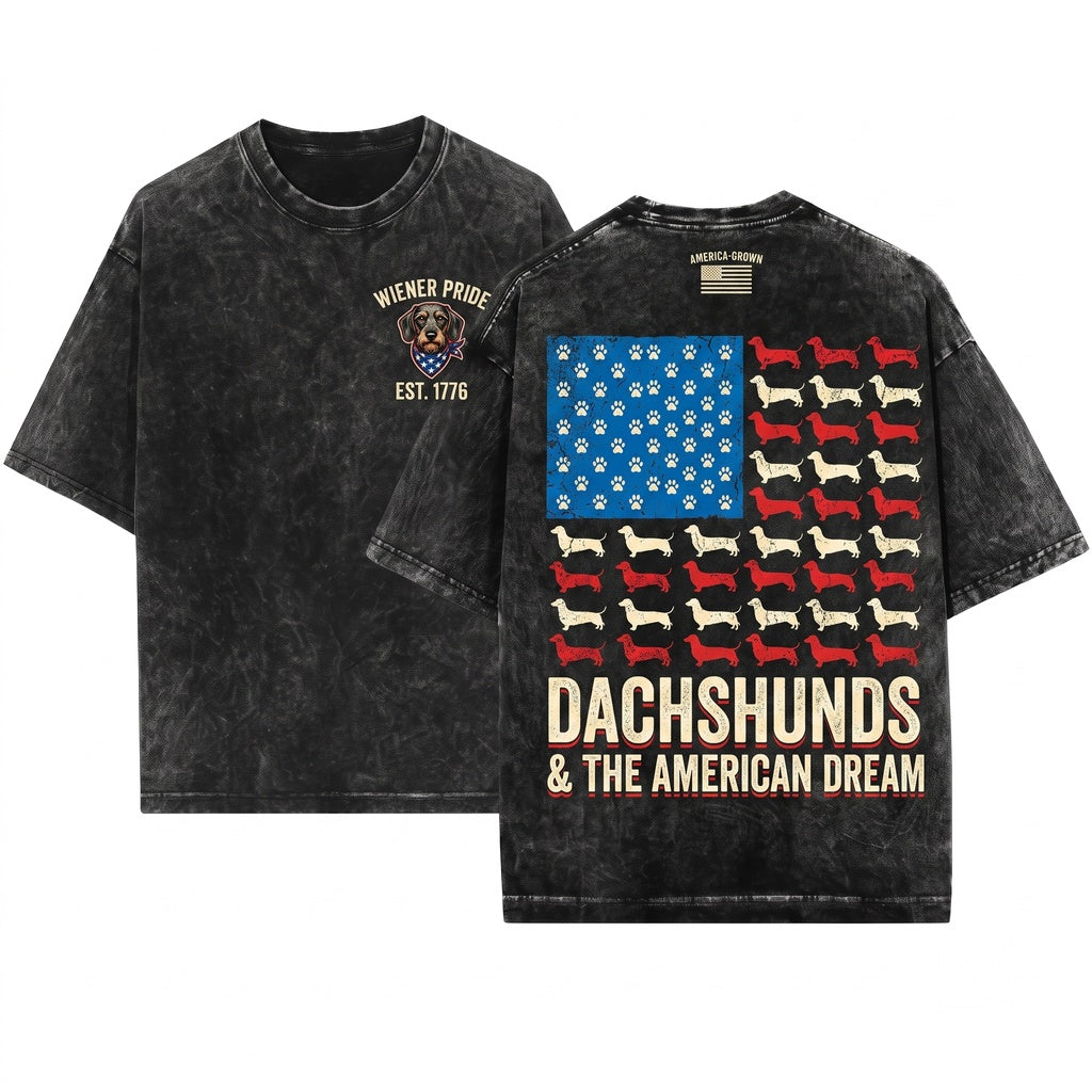 Dachshund American Flag Patriotic Wiener USA Distressed Doxie 4th Of July Funny Sausage Dog Gift Unisex Wash T-Shirt