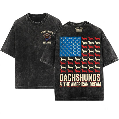 Dachshund American Flag Patriotic Wiener USA Distressed Doxie 4th Of July Funny Sausage Dog Gift Unisex Wash T-Shirt