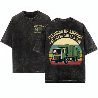 Retro Garbage Truck Sunset Waste Management Driver Sanitation Worker Collector Vintage Graphic Gift Apparel Unisex Wash T-Shirt