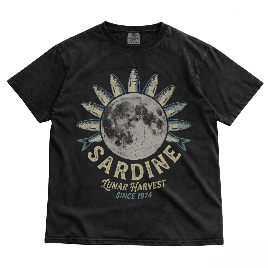 Vintage Retro Three Sardines Moon Graphic Oversized Washed Funny Unisex TShirt