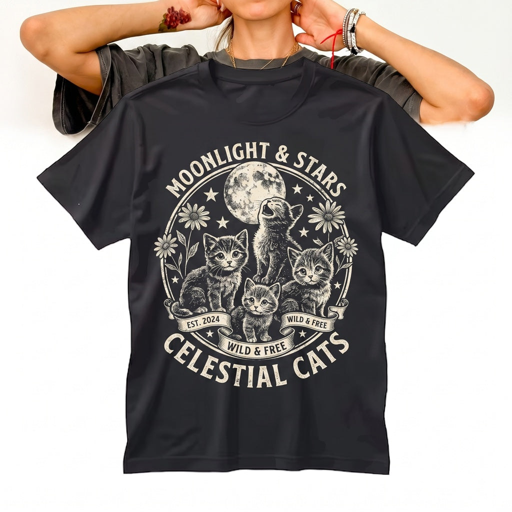 Full Moon Celestial Stars Vintage Floral Kittens Graphic Night Sky Lovers Gift Unisex TShirt