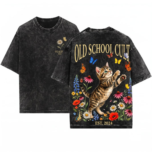 Vintage 90s Cottagecore Cute Kitten Butterfly Spring Flowers Graphic Unisex Wash T-Shirt