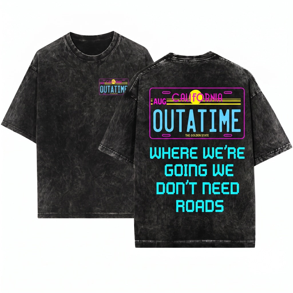 Retro 80s Sci-Fi Movie Outatime License Plate Graphic Unisex Wash T-Shirt