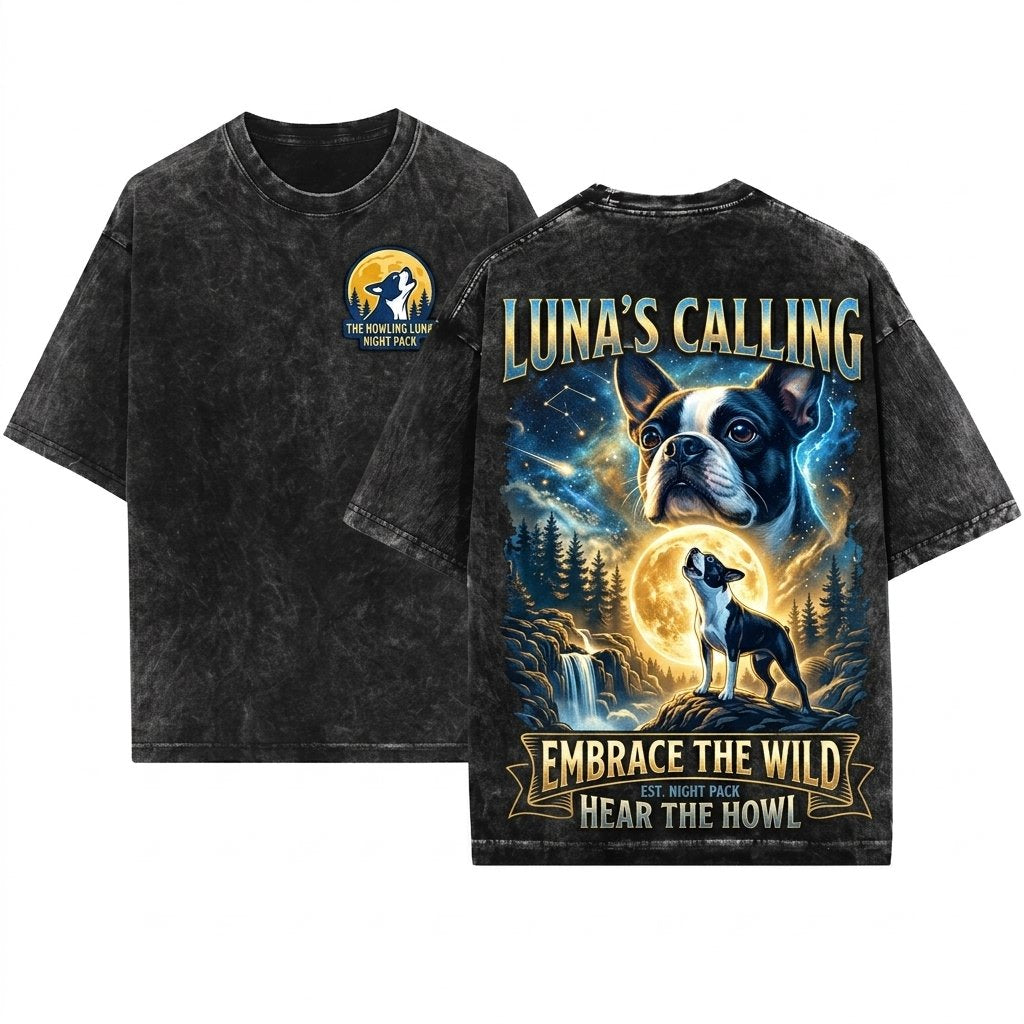 Boston Terrier Howling To The Moon Vintage Graphic Dog Lover Gift 90s Silly Mascot Apparel Unisex Wash T-Shirt