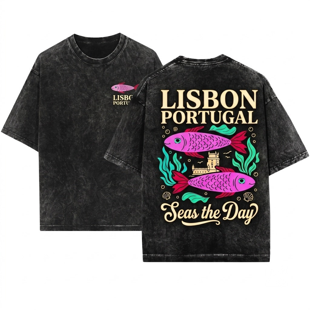 Lisbon Portugal Travel Fish Graphic Vintage Souvenir Unisex Wash T-Shirt