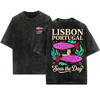 Lisbon Portugal Travel Fish Graphic Vintage Souvenir Unisex Wash T-Shirt