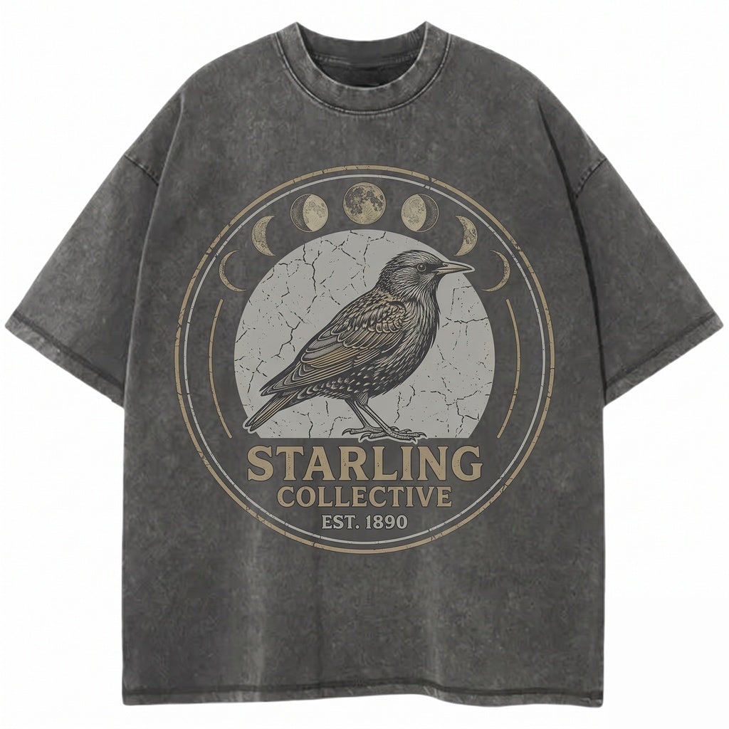 Three Starling Moon European Bird Lover Iridescent Songbird Galaxy Gift Vintage Wash Retro Graphic Pet Unisex TShirt