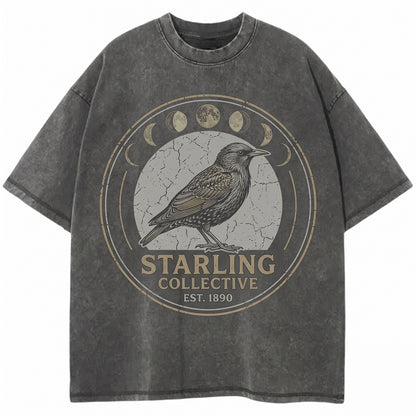 Three Starling Moon European Bird Lover Iridescent Songbird Galaxy Gift Vintage Wash Retro Graphic Pet Unisex TShirt