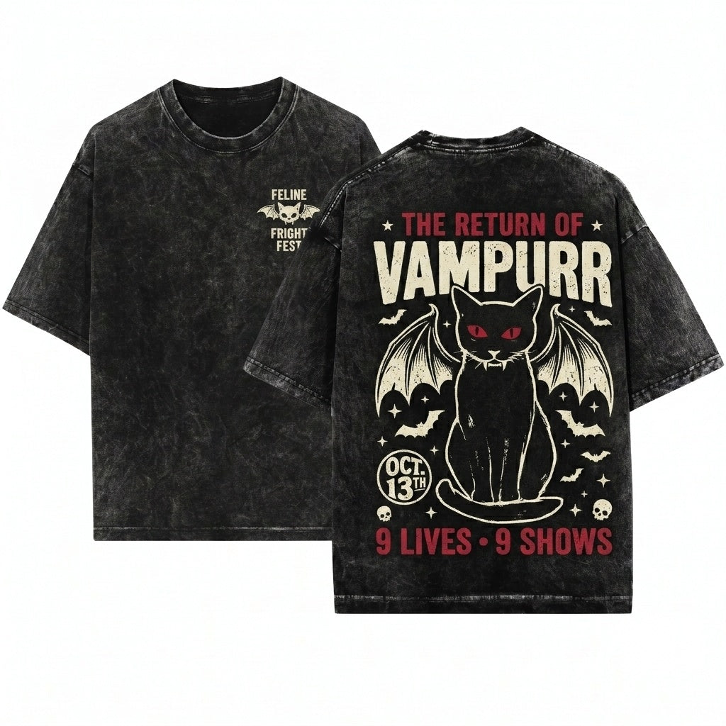 Funny Vampurr Black Cat Halloween Graphic Unisex Wash T-Shirt