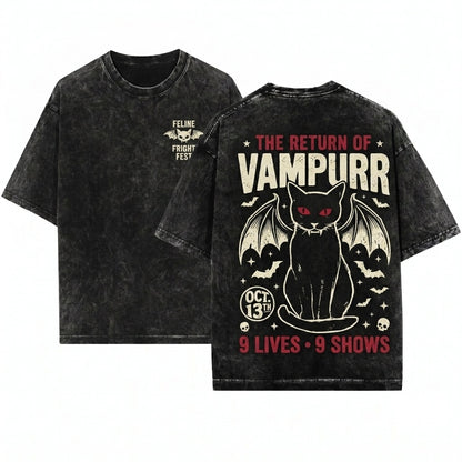 Funny Vampurr Black Cat Halloween Graphic Unisex Wash T-Shirt