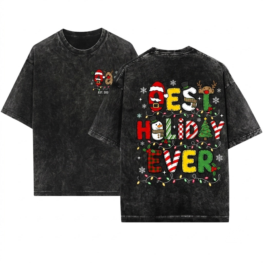 Custom Personalized Christmas Holiday Santa Snowman Reindeer Doodles Family Matching Graphic Top Unisex Wash T-Shirt