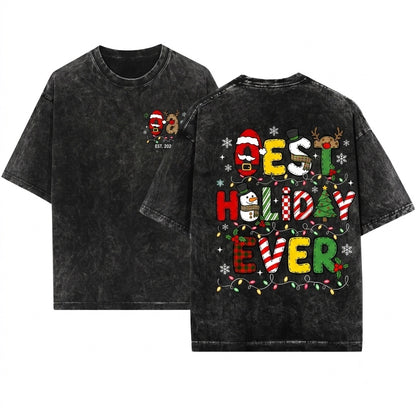 Custom Personalized Christmas Holiday Santa Snowman Reindeer Doodles Family Matching Graphic Top Unisex Wash T-Shirt