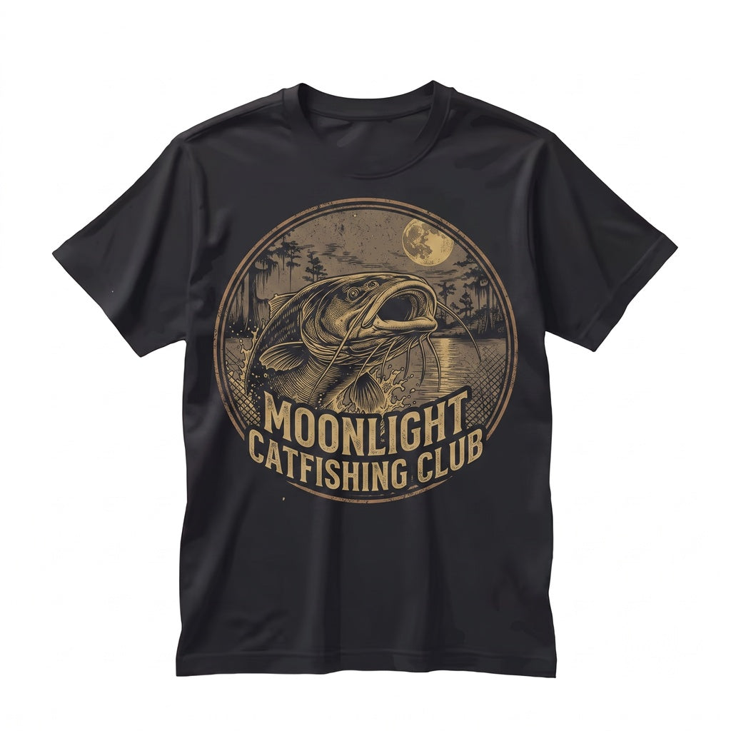 Catfish 90s Moonlit Lake Graphic Fisherman Gift Outdoor Adventure Unisex TShirt