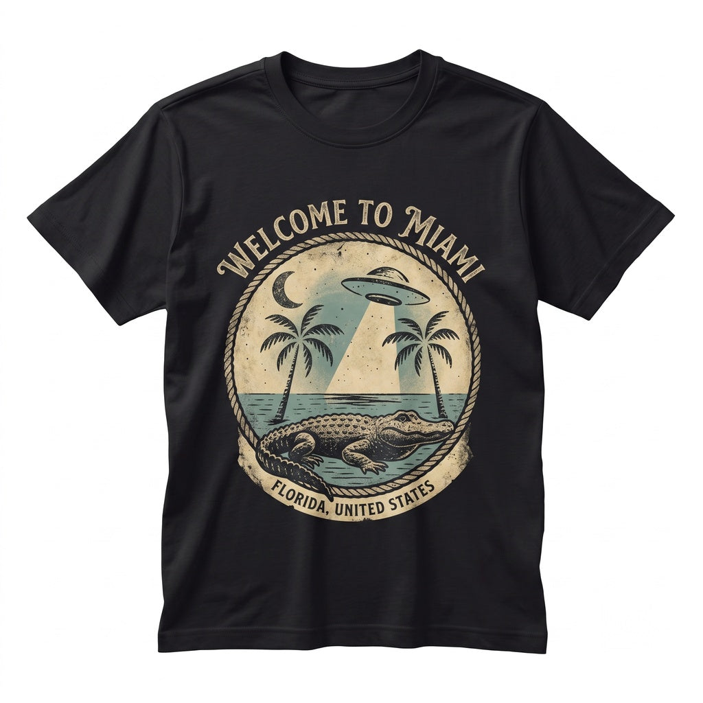 Miami Alligator Retro UFO Graphic Vintage Alien Cotton Short Sleeve Unisex TShirt