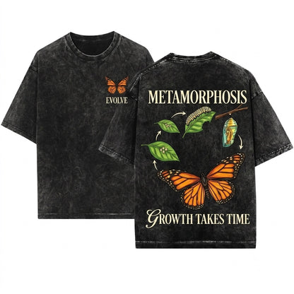 Vintage Butterfly Mental Health Inspirational Positive Quote Graphic Growth Takes Time Art Unisex Wash T-Shirt