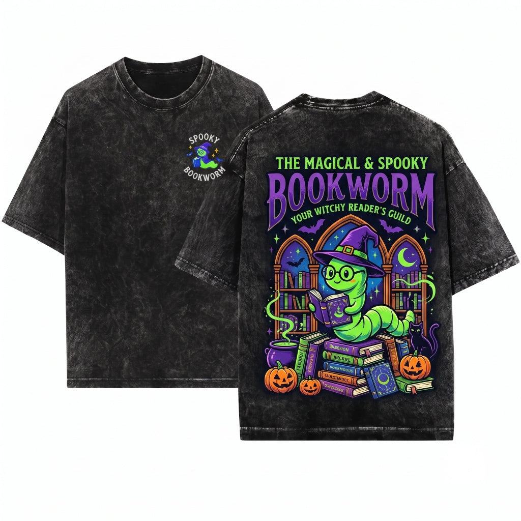 Spooky Bookworm Embroidered Halloween Reader Unisex Wash T-Shirt