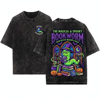 Spooky Bookworm Embroidered Halloween Reader Unisex Wash T-Shirt