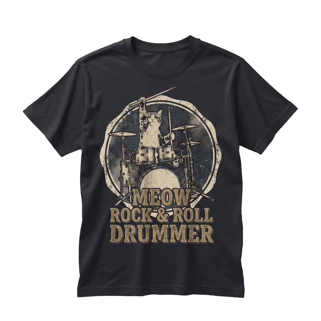 Vintage Drummer Cat Graphic Top, Funny Feline Playing Rock Band Percussion Drums Music Lover Apparel Unisex TShirt