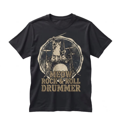 Vintage Drummer Cat Graphic Top, Funny Feline Playing Rock Band Percussion Drums Music Lover Apparel Unisex TShirt