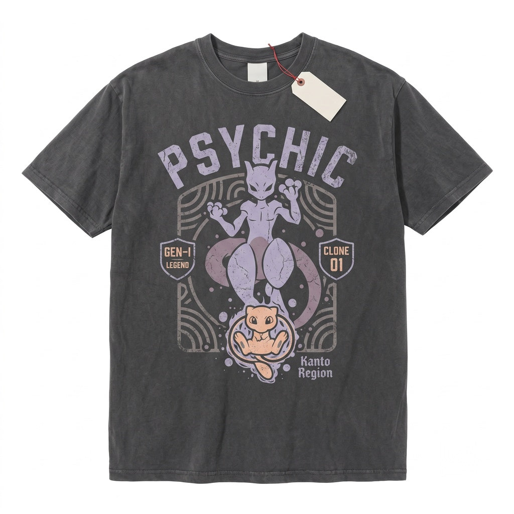 Mewtwo Mew Vintage Wash Anime Graphic Cute Gamer Retro Oversized Birthday Gift Unisex TShirt