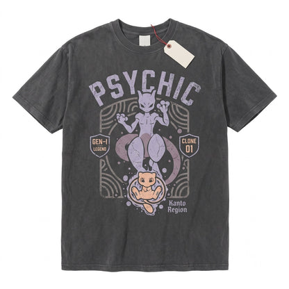 Mewtwo Mew Vintage Wash Anime Graphic Cute Gamer Retro Oversized Birthday Gift Unisex TShirt