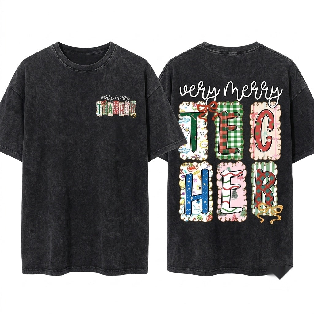 Preppy Plaid Very Merry Leopard Teacher Christmas Holiday PNG Gift Unisex Wash T-Shirt