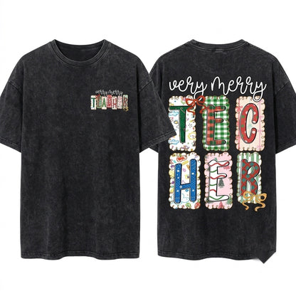 Preppy Plaid Very Merry Leopard Teacher Christmas Holiday PNG Gift Unisex Wash T-Shirt