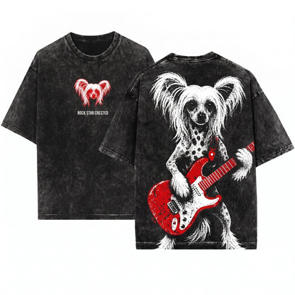 Chinese Crested Rocker Guitar Music Lover Gift Dog Breed Unisex Wash T-Shirt