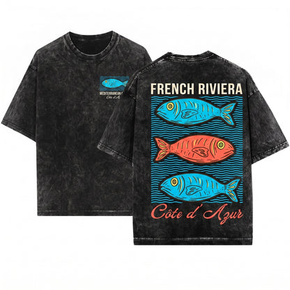 Cote dAzur French Riviera Fish Graphic Unisex Wash T-Shirt