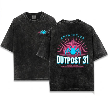 Outpost 31 Antarctica Research Logo Retro 80s Horror Movie Graphic Unisex Wash T-Shirt