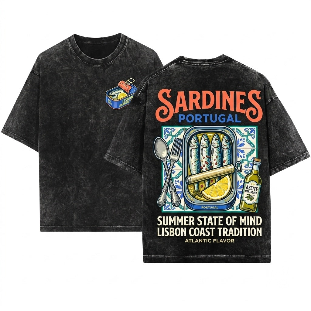Vintage Sardines Graphic Portugal Coastal Style Unisex Wash T-Shirt