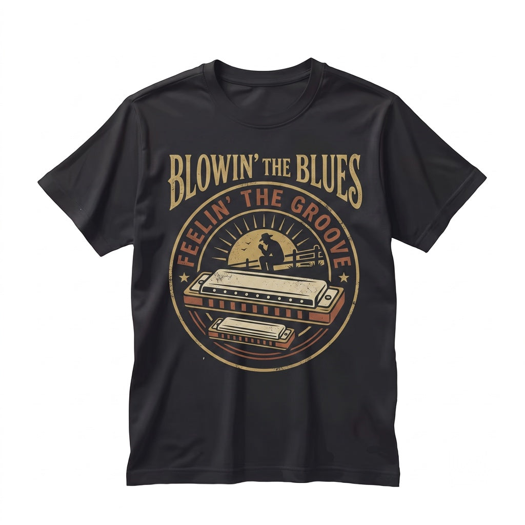 Vintage Blues Harmonica Player Gift Retro Country Soul Guitar Mic Music Fan Apparel Unisex TShirt