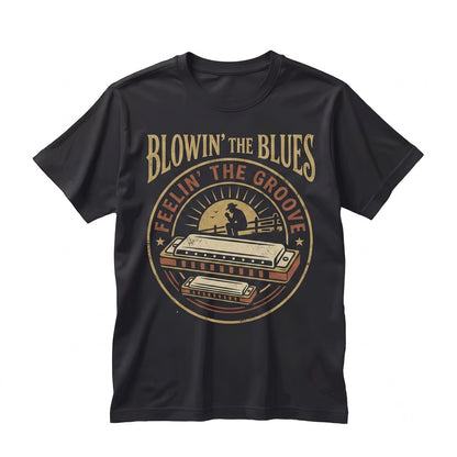 Vintage Blues Harmonica Player Gift Retro Country Soul Guitar Mic Music Fan Apparel Unisex TShirt