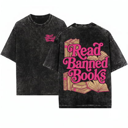 Read Banned Books Retro Pink Embroidered Librarian Gifts English Teacher Bookish Unisex Wash T-Shirt