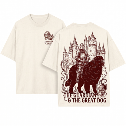 Knight Newfoundland Rider Vintage Graphic Tee - Retro 90s Dark Art Medieval Funny Dog Meme Mom Dad Gift Unisex Heavyweight Garment-Dyed T-Shirt