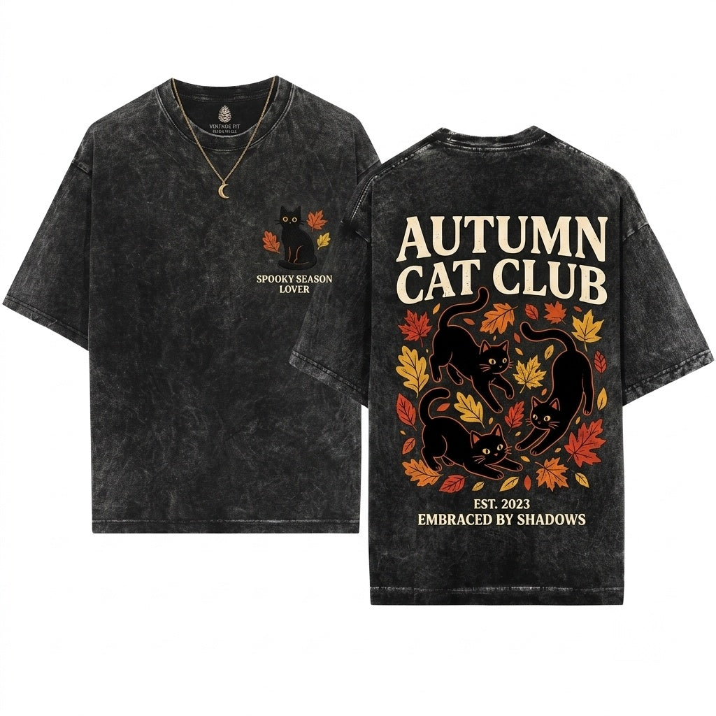 Cute Black Cat Autumn Fall Leaves Embroidered Cozy Halloween Unisex Wash T-Shirt
