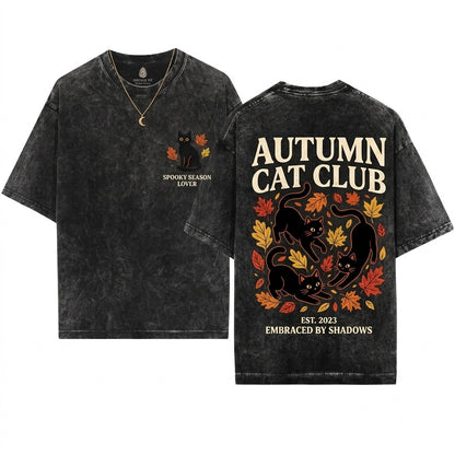 Cute Black Cat Autumn Fall Leaves Embroidered Cozy Halloween Unisex Wash T-Shirt