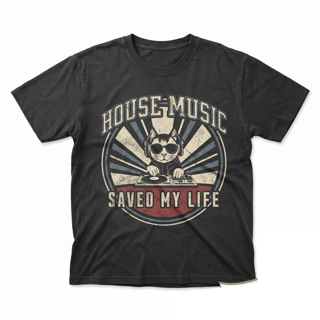 Funny Cute DJ Cat House Music Lover Vintage Rave Cropped Top Gift For Her Unisex TShirt