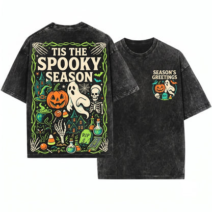 Tis The Season Vintage Halloween Skeleton Pumpkin Ghost Unisex Wash T-Shirt