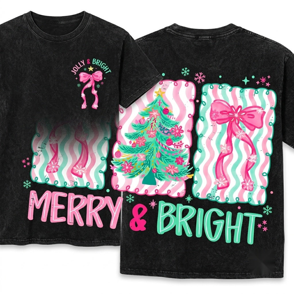 Floral Preppy Christmas Tree Bow Merry & Bright Pink Blue Coquette Holiday Graphic Digital PNG Unisex Wash T-Shirt