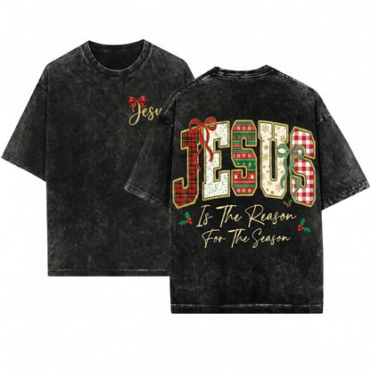 Retro Plaid Jesus Reason Season Bible Verse Christian Trendy Unisex Wash T-Shirt