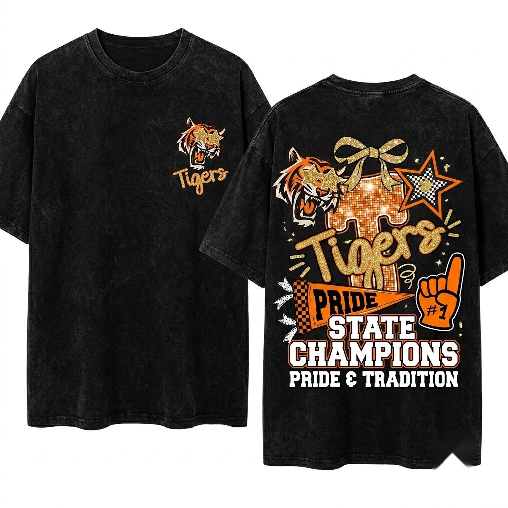 Custom Tigers Mascot Coquette School Spirit Team Game Day Touchdown Football Digital Graphic Unisex Wash T-Shirt