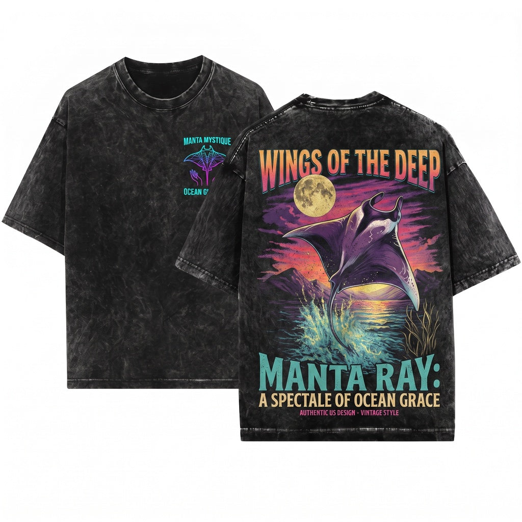 Vintage Manta Ray Ocean Night Sky Wildlife Aesthetic Graphic Gift Unisex Wash T-Shirt