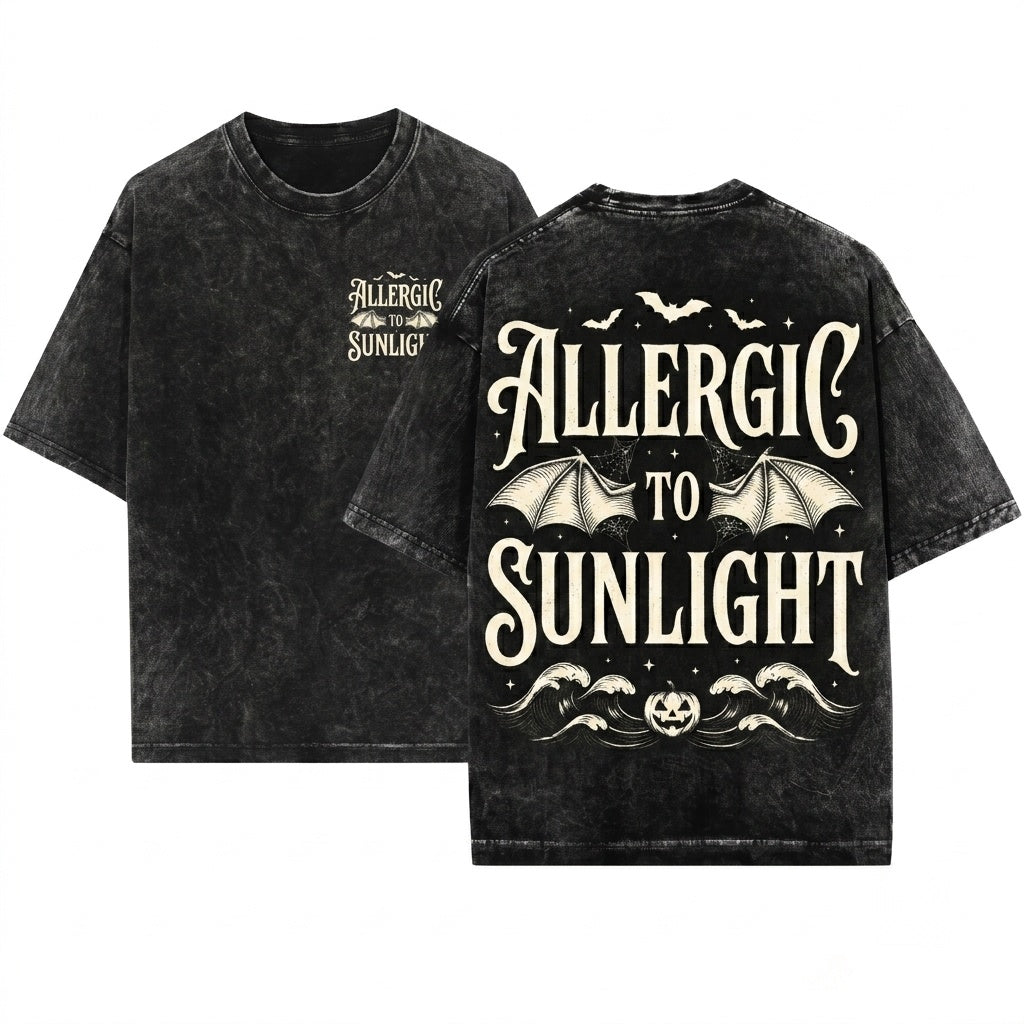 Allergic To Sunlight Funny Gothic Vampire Halloween Spooky Humor Vintage Unisex Wash T-Shirt