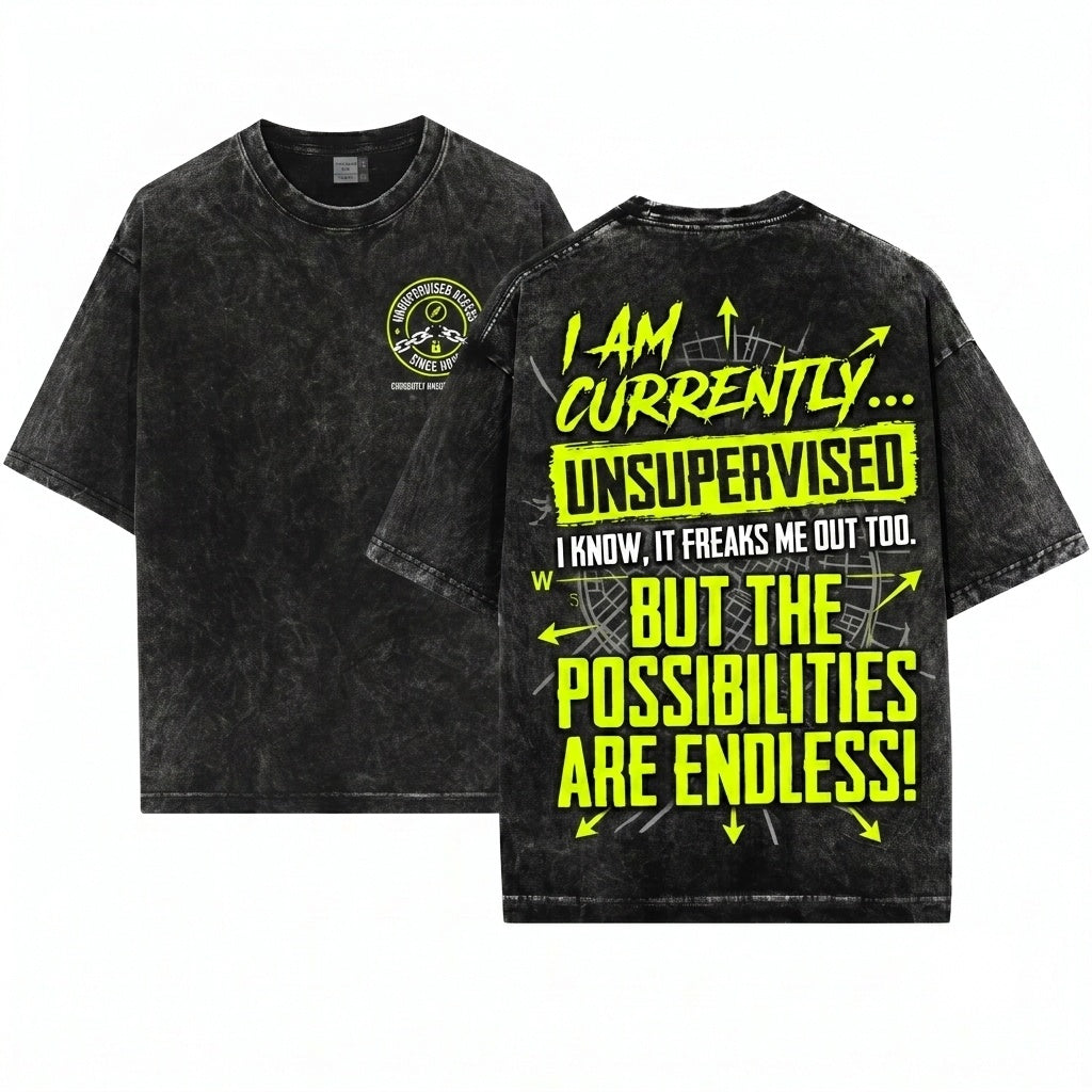 I Am Currently Unsupervised Sarcastic Humorous Novelty Present Men Women Birthday Holiday Friend Unisex Wash T-Shirt