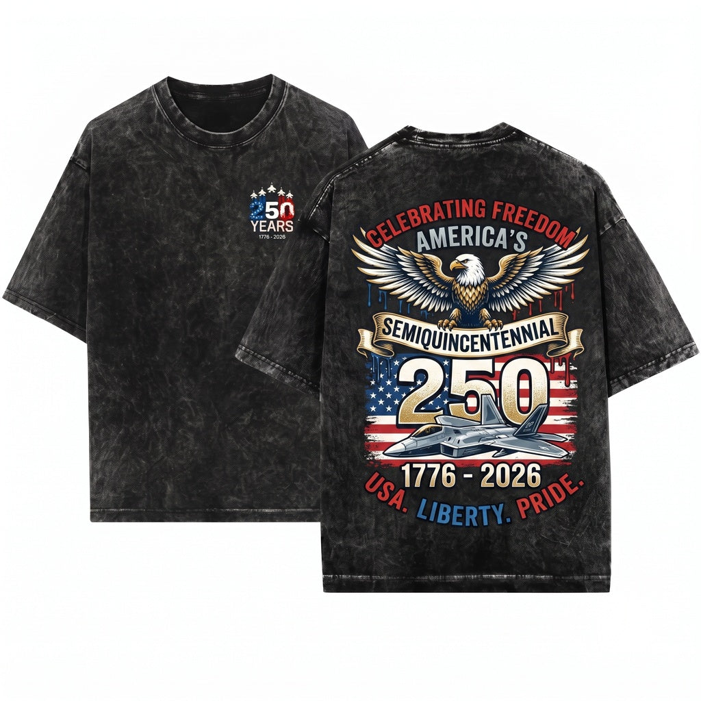 American 1776-2026 250th Anniversary Fighter Jets Patriotic Mens Graphic Unisex Wash T-Shirt