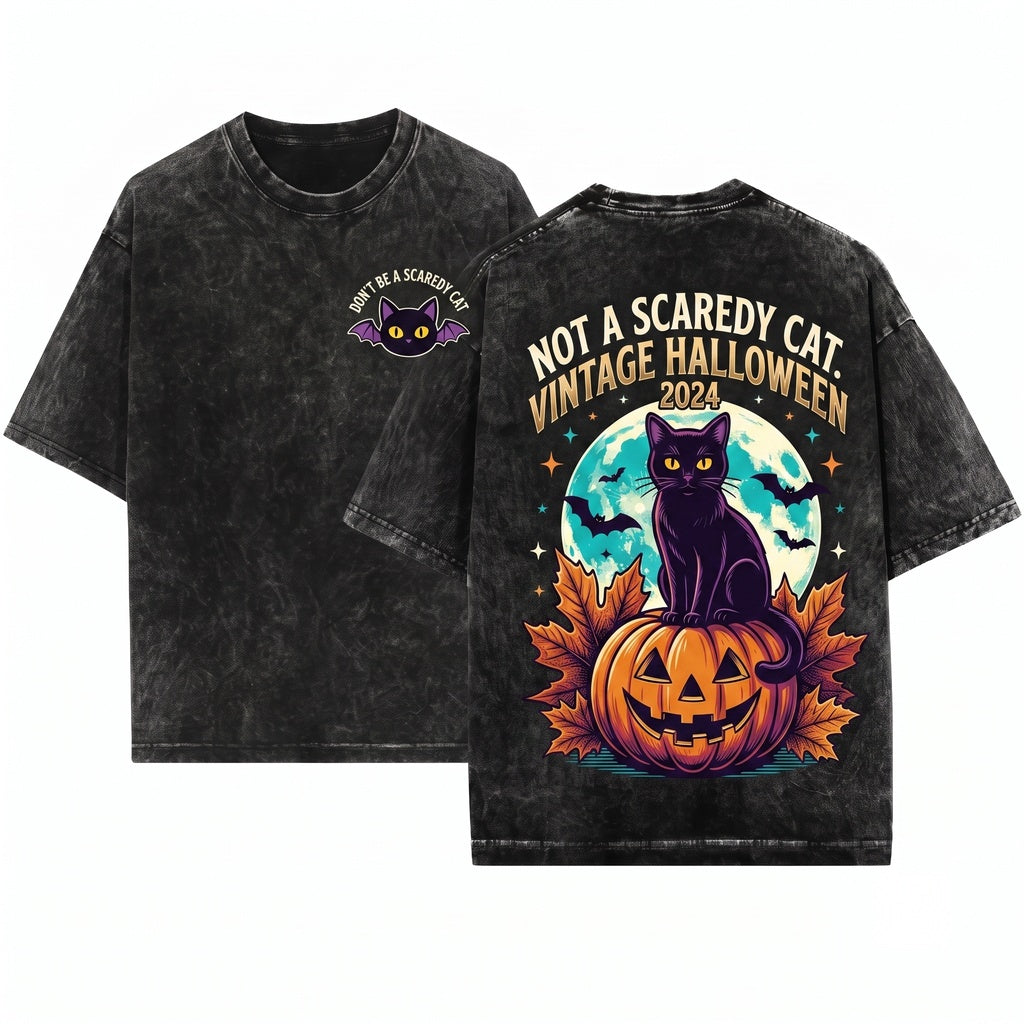 Black Cat Vintage Spooky Season Graphic Unisex Wash T-Shirt
