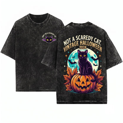 Black Cat Vintage Spooky Season Graphic Unisex Wash T-Shirt
