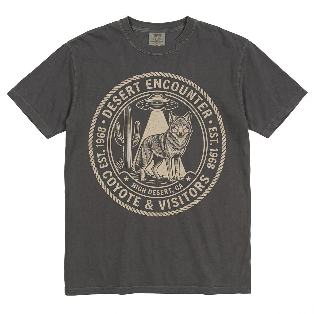 Vintage Desert Coyote UFO Graphic Southwestern Alien Abduction Cactus Sunset Retro Western Gift Men Women Unisex TShirt