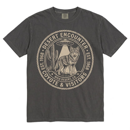 Vintage Desert Coyote UFO Graphic Southwestern Alien Abduction Cactus Sunset Retro Western Gift Men Women Unisex TShirt